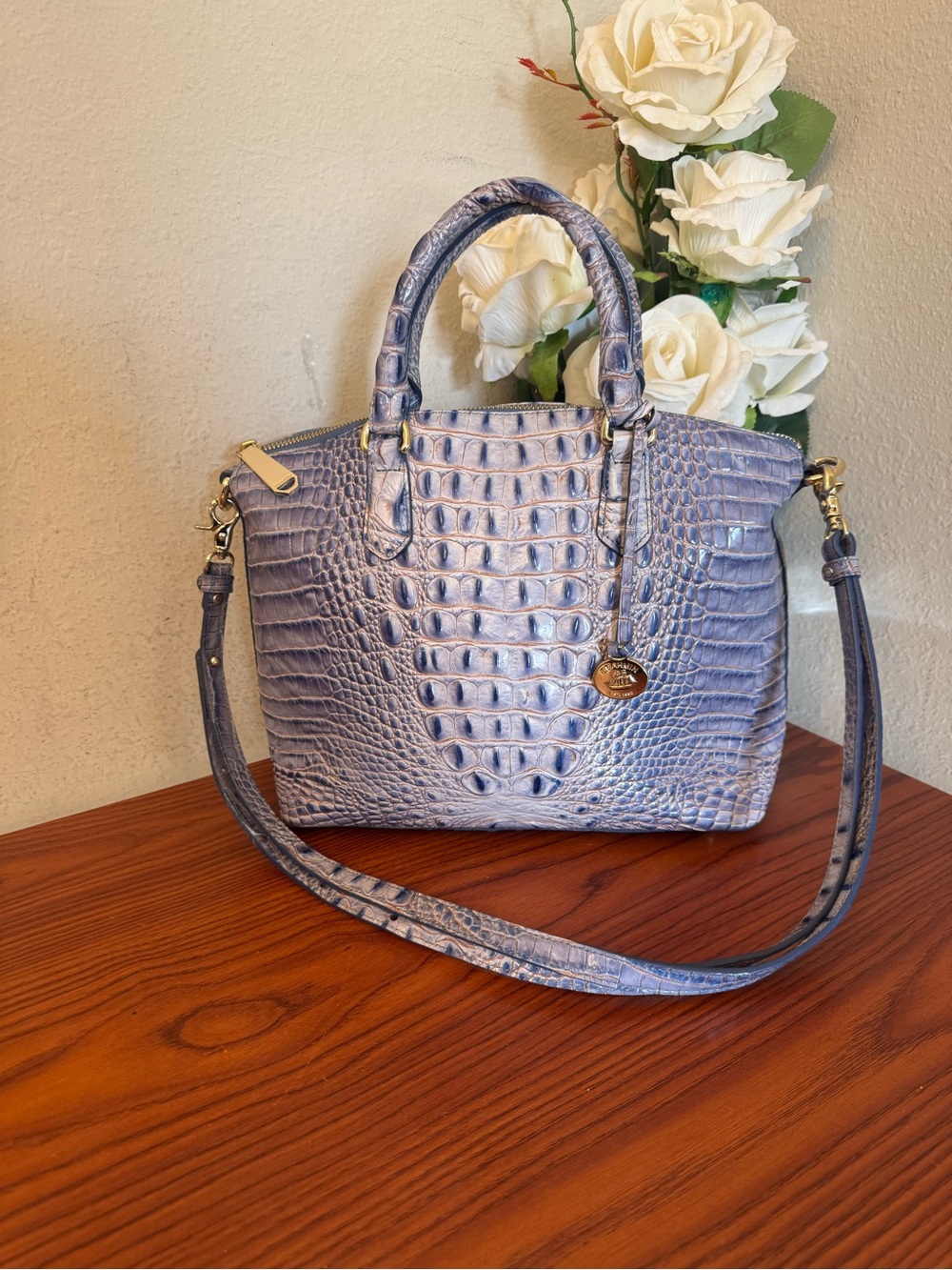 Brahmin Lavender Croc-Embossed Satchel with Removable Strap